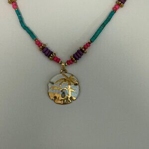 Handmade Beaded Necklace Gold Tone Palm Tree Sand Dollar Pendant Colorful Beads